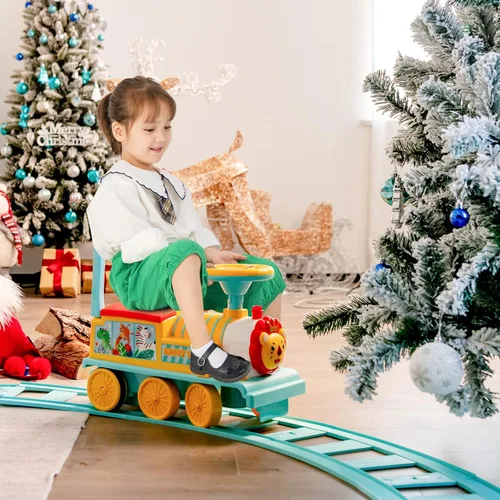 Vista 9 de GLACER Tren de paseo con 16 pistas para niños, juguete eléctrico con luces y sonidos, caja de almacenamiento debajo del asiento y pedales Azul