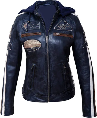 Vista 2 de Chaqueta retro de cuero para motociclista Cafe Racer con capucha para mujer