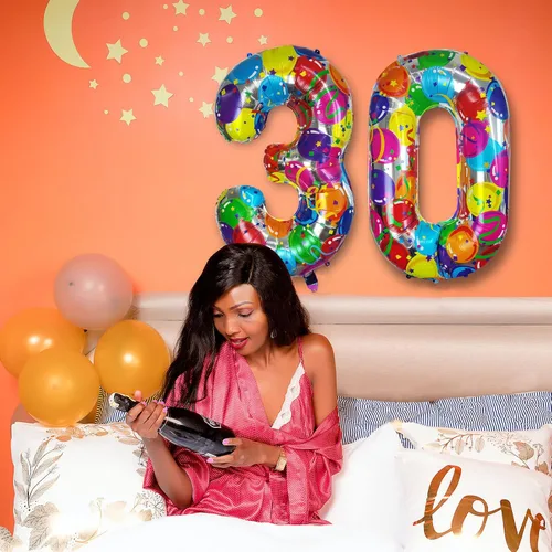 Vista 5 de Globos del número 0, globos arcoíris cero para decoraciones de cumpleaños de 10, 40 pulgadas, globos de neón grandes números 20, globos iridiscentes