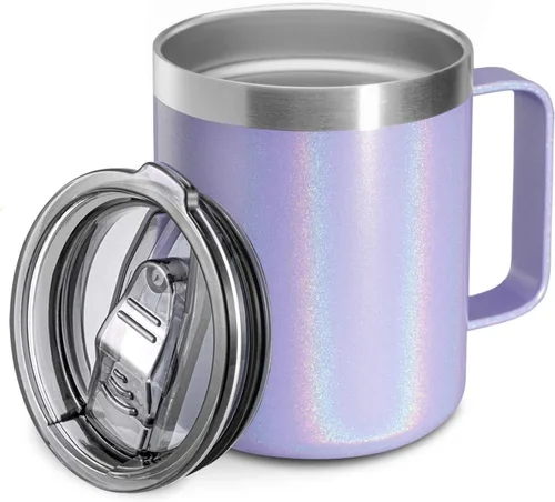 Vista 27 de Taza de café aislada de 12 onzas con asa, taza de café de viaje de acero inoxidable con tapa abatible, vaso de café de doble pared con aislamiento