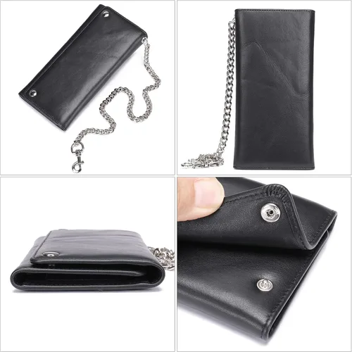 Vista 2 de NIUCUNZH Cartera de cuero genuino para hombre con cadena RFID Trifold Biker