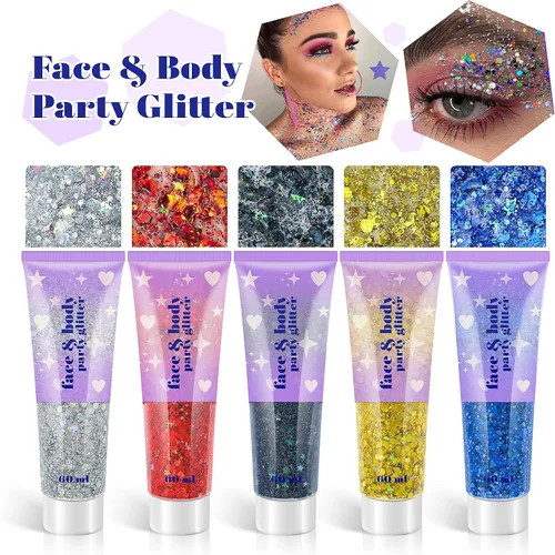 Vista 4 de Gel de purpurina facial, 2 tarros de maquillaje holográfico con purpurina gruesa para cuerpo, cabello, cara, uñas, labios, sombra de ojos, purpurina
