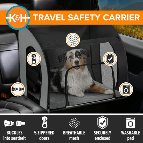 Vista 5 de Canil de seguridad para viaje K&H Manufacturing, de color gris, L, Negro/Gris