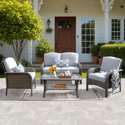 Vista 33 de ovios - Juego de muebles de patio de 2 piezas, sofá de mimbre para exteriores con sillas, silla de ratán con respaldo alto con cómodos cojines