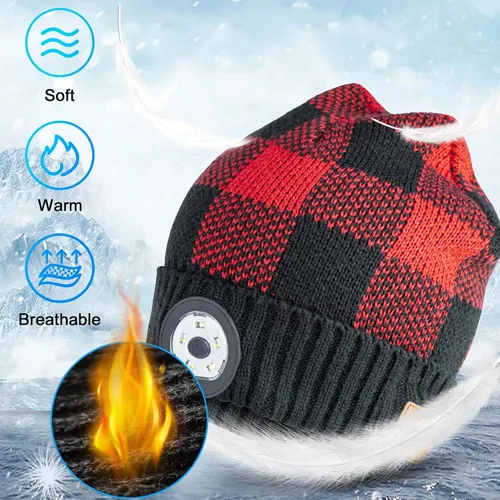 Vista 5 de Gorro Bluetooth con luz, gorro unisex recargable con auriculares Bluetooth inalámbricos, gorra de invierno para campamento, Navidad, cumpleaños