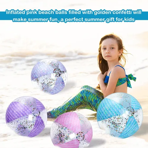 Vista 4 de Honoson Bola de playa de sirena de 16 pulgadas, bola de playa inflable gigante con purpurina, bola de playa con purpurina, regalos de fiesta