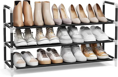 Vista 12 de SONGMICS - Estante para zapatos de 2 niveles, almacenamiento de zapatos para armario de pasillo, delgado y que ahorra espacio, marco de metal, Negro