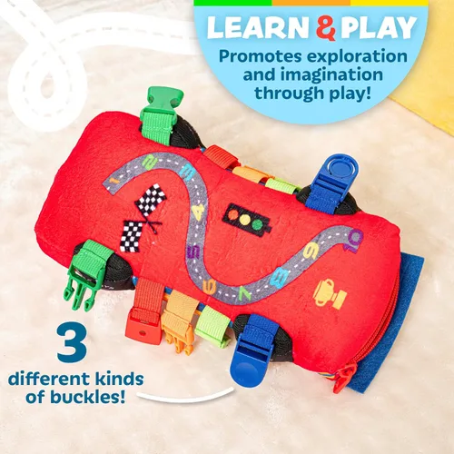 Vista 6 de Buckle Toys - Bullet Racecar - Desarrolla habilidades motoras finas - Juguetes de actividad de aprendizaje sensorial - Esencial de viaje en avión