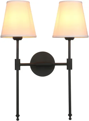 Vista 10 de PERMO Lámpara de pared doble clásica cromada 2 luces con pantalla de tela blanca acampanada para montaje en pared rústico