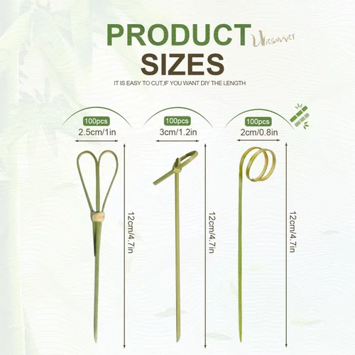 Vista 2 de URSMART 300 palillos de cóctel de bambú, palillos de dientes para aperitivos de 4.7 pulgadas, brochetas de bambú hechas a mano con lazo, nudo