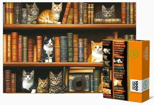 Vista 2 de Rompecabezas de 1000 piezas para adultos, rompecabezas de biblioteca de gatos, divertidos rompecabezas de estantería de gatitos, rompecabezas