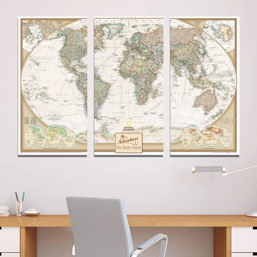 Vista 2 de 3 paneles – Lienzo personalizado Mapa de viaje del mundo ejecutivo con alfileres – Mapa de pared extra grande