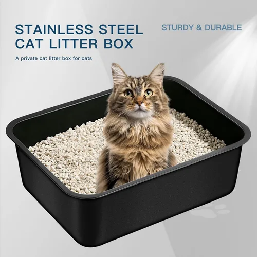 Vista 6 de Caja de arena de acero – Bandeja de arena de metal de alta cara para gatos, revestimiento de pintura negra que no se pela, interior y exterior