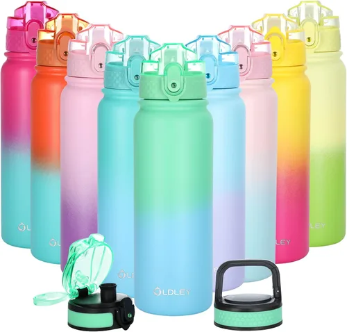 Vista 26 de Oldley Botella de Agua Aislada con Pajilla de 20oz, Botellas de Agua de Acero Inoxidable con 3 Tapas, Aislamiento al Vacío de Doble Pared Térmica