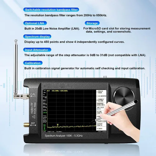 Vista 5 de SA5 4 pulgadas IPS LCD Analizador de espectro portátil 100kHz-5.3GHz generador de señal multifunción para prueba de RF (A)