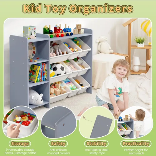 Vista 6 de MallBest Estante organizador de almacenamiento de juguetes para niños de 4 niveles, 100% madera maciza, armario de almacenamiento para niños con 9
