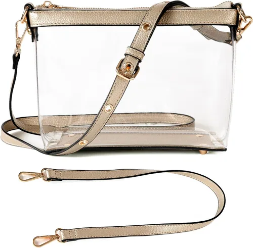 Vista 10 de Y&R Direct Bolsa cruzada 3 en 1 con cremallera transparente con ribete de cuero vegano para estadio, festival, concierto, regalos para el día