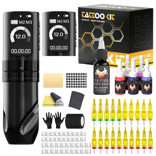 Vista 9 de Wireless Tattoo Gun Kit For Beginners, 7 Adjustable Strokes Black Single Battery