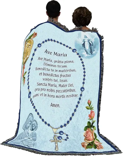 Vista 3 de Pure Country Weavers Manta de oración con rosario de Ave María latina, regalo religioso católico, manta tejida de algodón, fabricada en los Estados