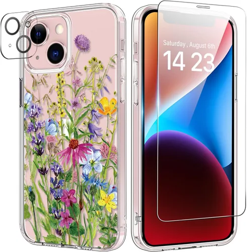 Vista 23 de bicol Funda para iPhone 14 Plus con Protector de Pantalla y Lente de Cámara - Diseños Florales de Moda para Mujeres y Niñas - Funda Transparente