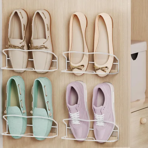 Vista 9 de Zapatero montado en la pared, paquete de 4 unidades, con tiras adhesivas para colgar, almacenamiento de zapatos de pared de metal, organizador