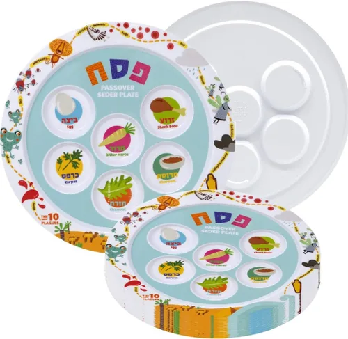 Vista 12 de The Dreidel Company Plato Seder de melamina de Pascua infantil con diseño de 10 plagas, Kaarah tradicional para pesaj de 9 pulgadas (paquete de 3)