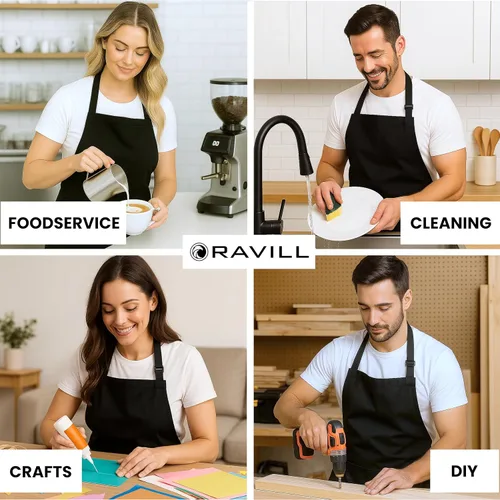 Vista 8 de Ravill Delantal negro con bolsillos para hombres y mujeres, delantales de trabajo de poliéster multiusos de 35 pulgadas de largo para cocinar