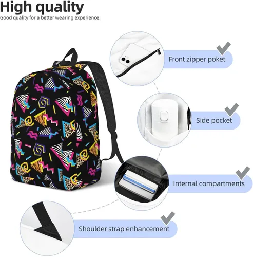 Vista 7 de Mochila genial de los años 80 y 90 para niñas, niños y mujeres, ligera, de lona, mochila casual para viajes al aire libre, Abstracto Años 90 Moda