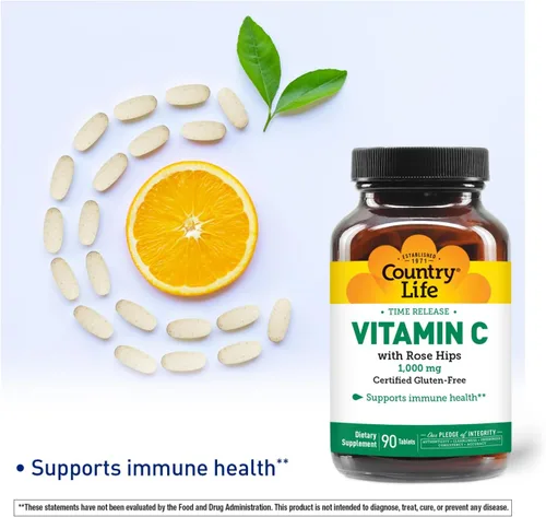 Vista 2 de Country Life Vitamina C 1000 mg con escaramujos - Suplemento de apoyo inmunológico de liberación temporal - Protección antioxidante - Vegano, sin