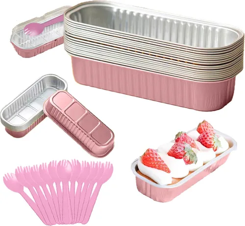 Vista 8 de Juego de 12 mini moldes para pan con tapas y cucharas, 200 ml, desechables, rectangulares, de aluminio con papel de aluminio, para hornear pasteles