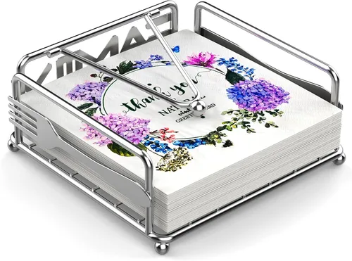 Vista 9 de Servilletero para mesa, dispensador de servilletas plano con brazo pesado, soporte cuadrado de papel de cóctel de elegante hierro rústico