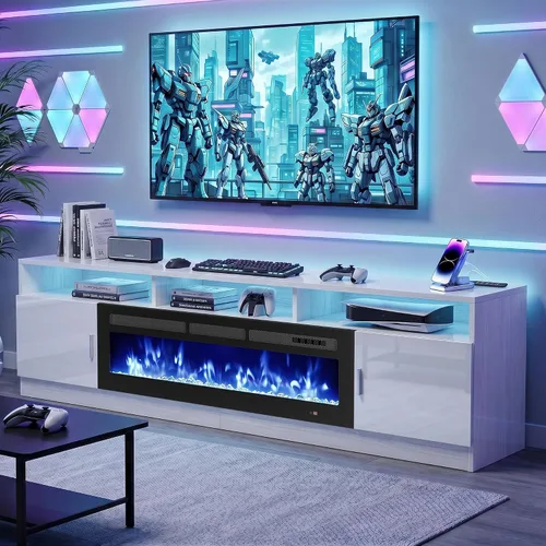 Vista 12 de MXV - Soporte de TV con chimenea de 70 pulgadas con toma de corriente para televisores de hasta 80 pulgadas, centro de entretenimiento con chimenea