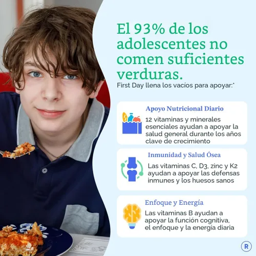 Vista 2 de FIRST DAY Vitaminas para Adolescentes - Multivitamínico para Niñas y Niños de 12 a 17 años, Mezcla Orgánica de Frutas y Vegetales - 12 Nutrientes