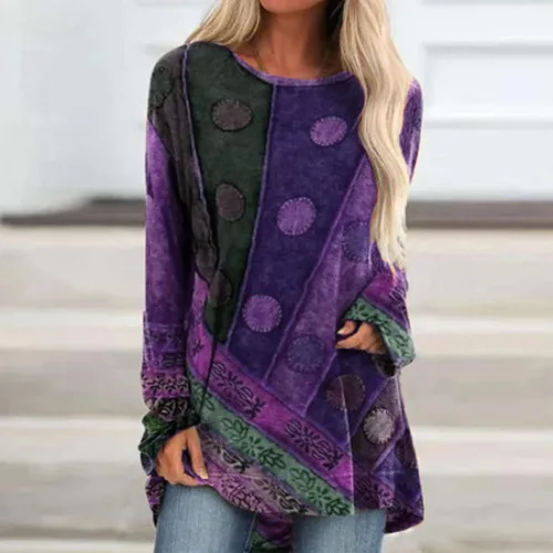 Vista 2 de Camisetas casuales de manga larga para mujer, con cuello redondo y cuello redondo, diseño floral, regular