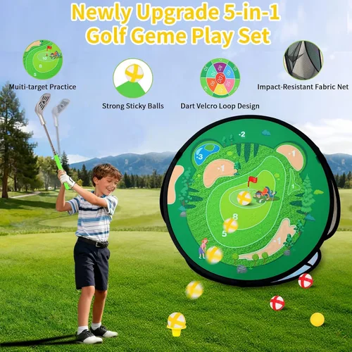 Vista 5 de AOSITE Juego de golf para niños pequeños, juego de golf 5 en 1 para niños con 3 palos de golf, tapete de puting, red de astillado de 4 lados