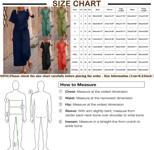 Vista 6 de Traje de lino de algodón liso para mujer, cuello redondo, manga corta, mameluco de piernas anchas, conjunto de pantalones