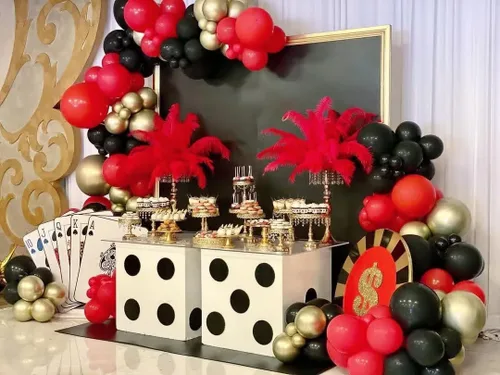 Vista 6 de Lukiituke Kit de arco de globos rojos, negros y dorados, 114 globos rojos, negros y dorados, 4 tamaños para cumpleaños, fiestas temáticas de casino