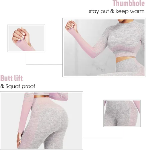 Vista 4 de JOYMODE - Conjunto de entrenamiento para mujer, diseño de 2 piezas con leggings de tiro alto sin costuras y camiseta corta , para yoga