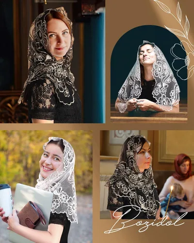 Vista 7 de Bozidol Cubierta triangular para cabeza de iglesia - Velo bordado Madonna Camellia Capilla Veil para mujer