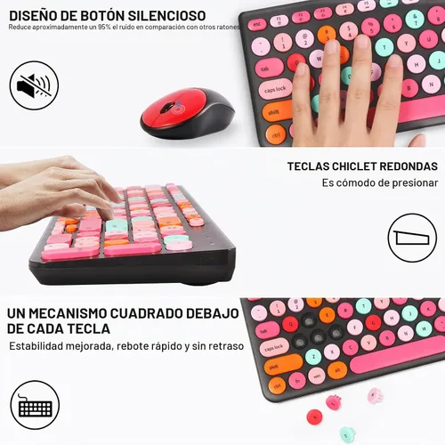 Vista 4 de Combo de teclado y mouse inalámbricos, teclado retro de máquina de escribir con teclas redondas, teclado inalámbrico USB de 2.4 GHz lindo