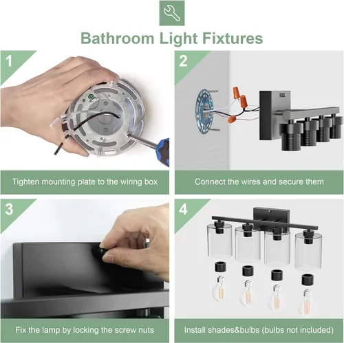 Vista 7 de Honesorn Lámparas de baño de 4 luces, luz de tocador de baño, color negro mate, accesorios de iluminación modernos con pantalla de vidrio