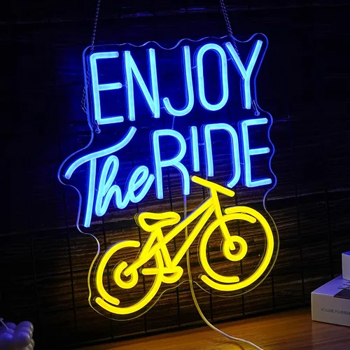 Vista 2 de Letrero de neón con texto en inglés "Enjoy The Ride", letrero de neón para gimnasio, luz de neón motivacional, para hacer ejercicio, bicicleta