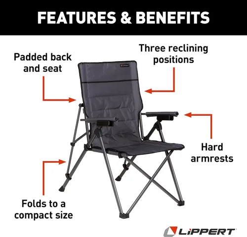 Vista 3 de Lippert Sun Soaker - Silla de camping reclinable de tres posiciones con tela de poliéster 600D, respaldo/asiento acolchado, estructura de marco