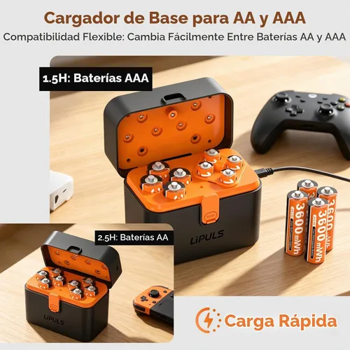 Vista 2 de 8 pilas AA y 4 AAA recargables de litio con cargador, paquete de 12 baterías de 1.5 V Triple A doble A, recargable, batería de litio de larga