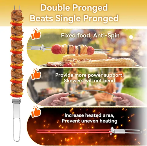 Vista 4 de Brochetas para Asar - Brochetas de 33 cm con Barra de Empuje de Doble Punta Antideslizante de Metal para Kabobs, Brocheta de Acero Inoxidable