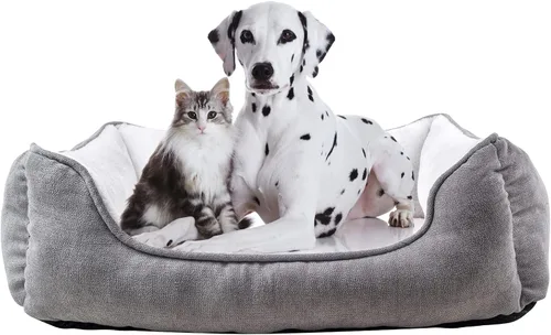 Vista 8 de Happycare Textiles - Cama para perro rectangular larga para mascotas con bordado de huella de perro, tamaño mediano, Gris con inserto ortopédico.