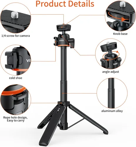 Vista 3 de VRIG Trípode con Palo de Extensión de 21.6", Mini Palo para Selfie Trípode Soporte Mango con Agarre para DJI Osmo Pocket 3, Insta 360 X5 Webcam