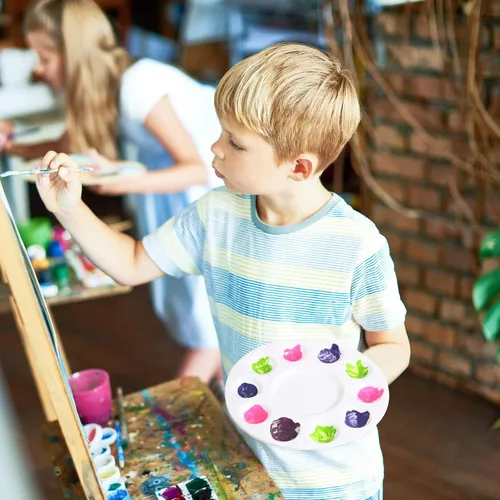 Vista 4 de Paletas de pintura a granel de plástico a granel, bandeja redonda de pintura de acuarela para niños, adultos, estudiantes, escuela, manualidades