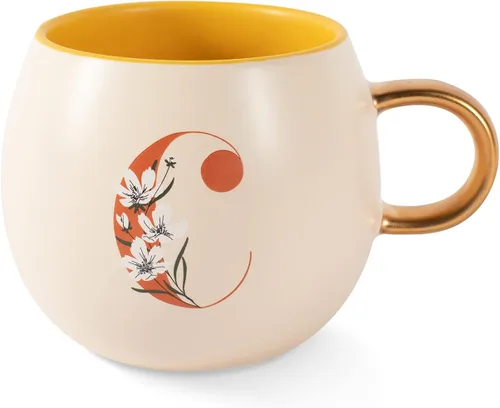 Vista 12 de Fringe Studio Taza Redonda de Gres, Monograma Floral Letra "E" 3.38" DIA. X 3.5"H, 14 fl.oz., con Asa Dorada Pintada a Mano (428047)