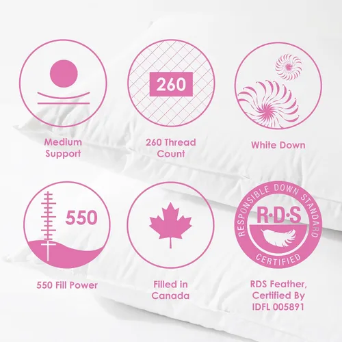 Vista 6 de Canadian Down & Feather Co. - Almohada de plumón blanca de soporte medio, tamaño estándar, carcasa de 260 hilos, 100% algodón, relleno en Canadá